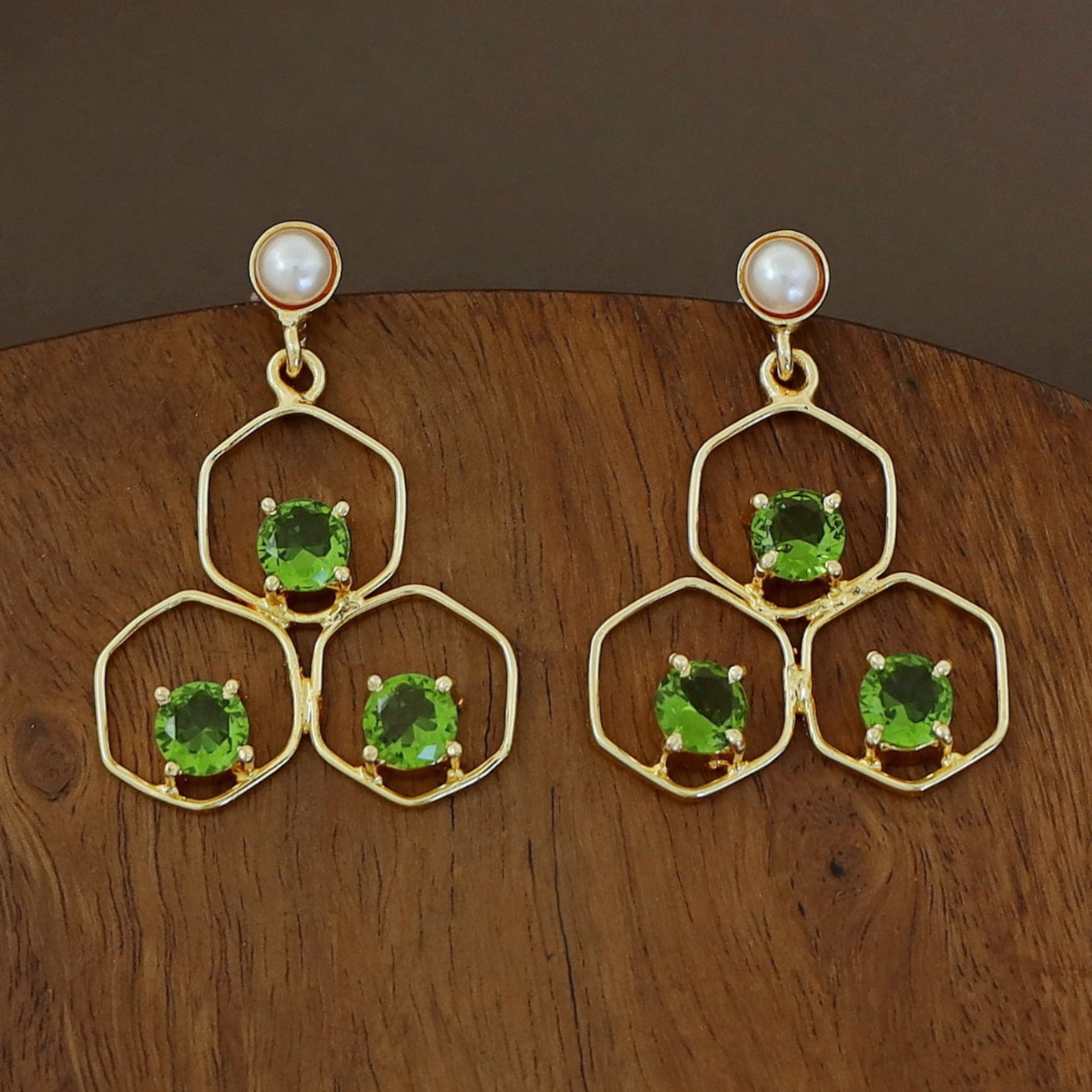 Tri Hexagon Pearl Earring