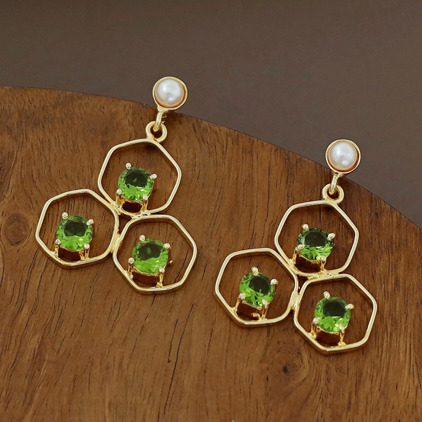 Tri Hexagon Pearl Earring