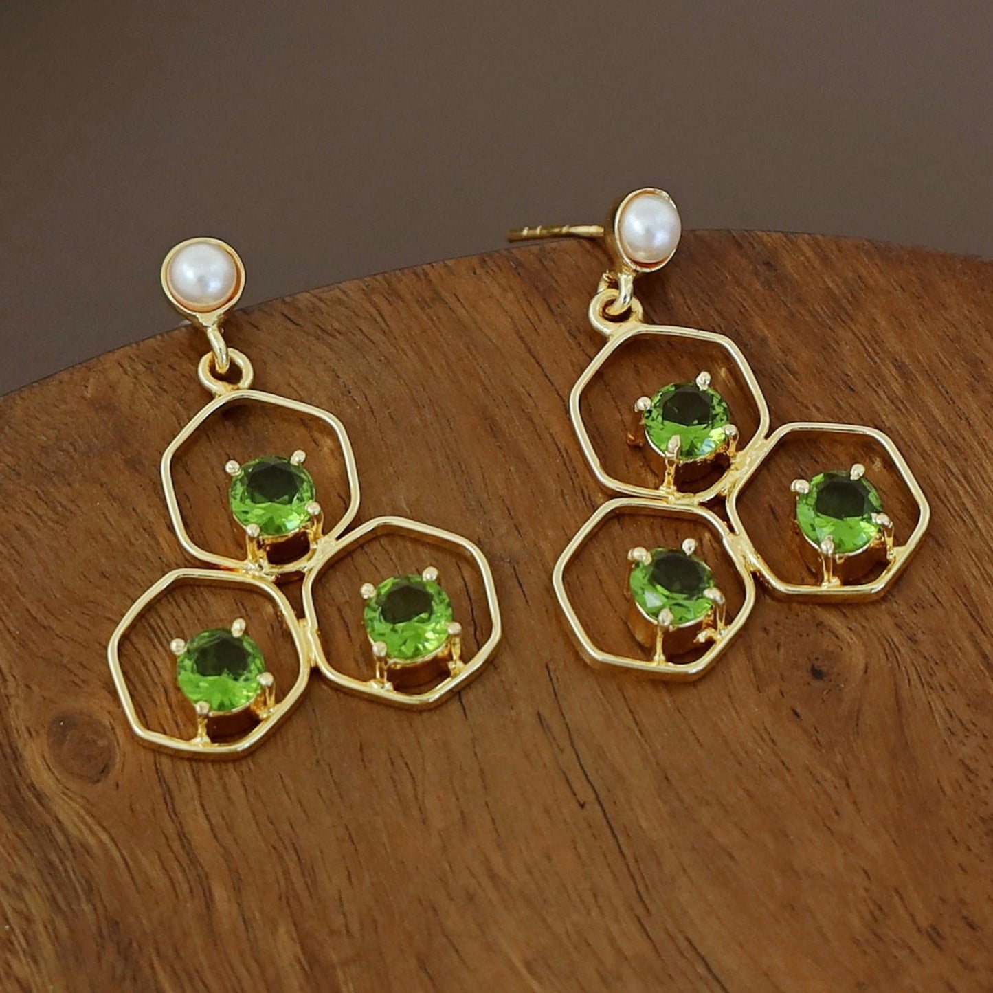 Tri Hexagon Pearl Earring