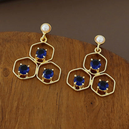 Tri Hexagon Pearl Earring