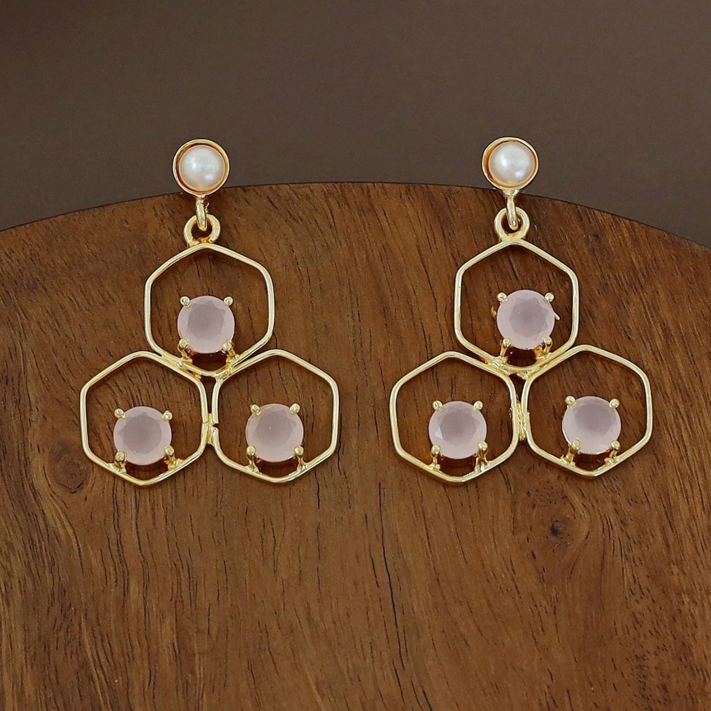Tri Hexagon Pearl Earring