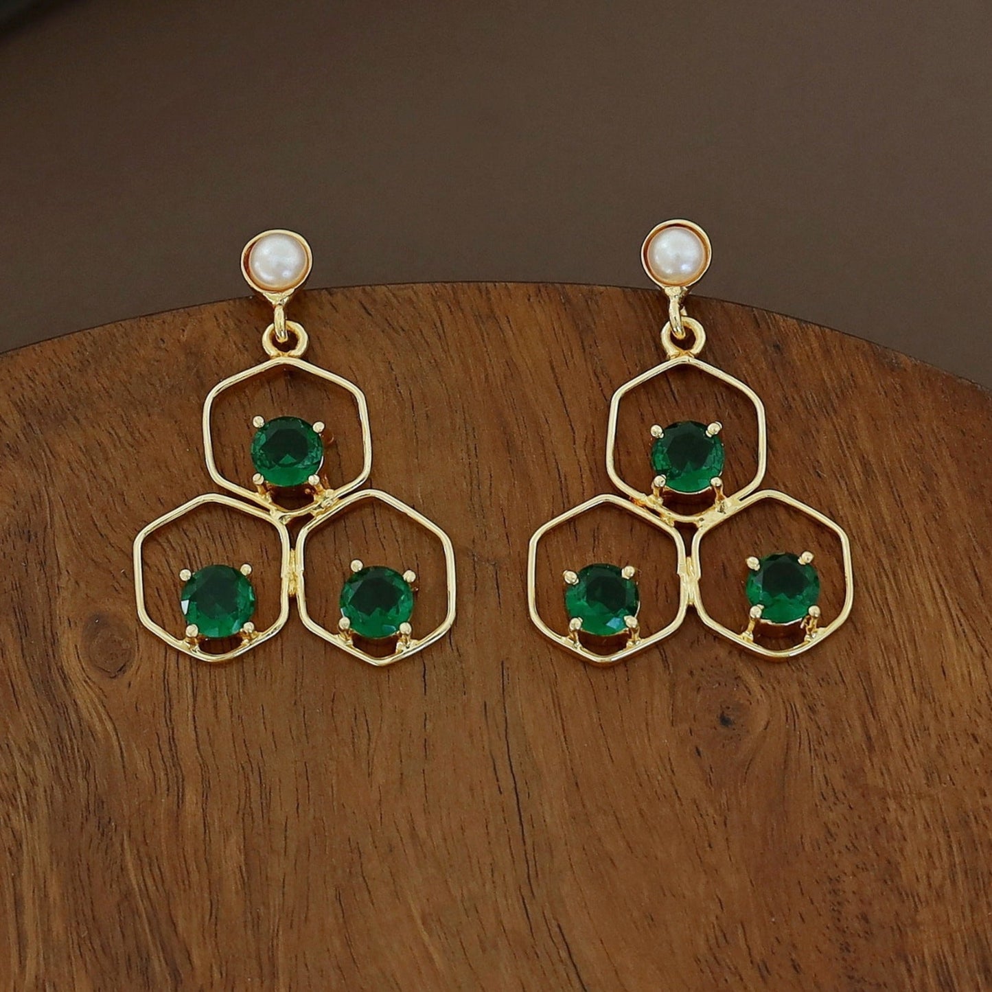 Tri Hexagon Pearl Earring