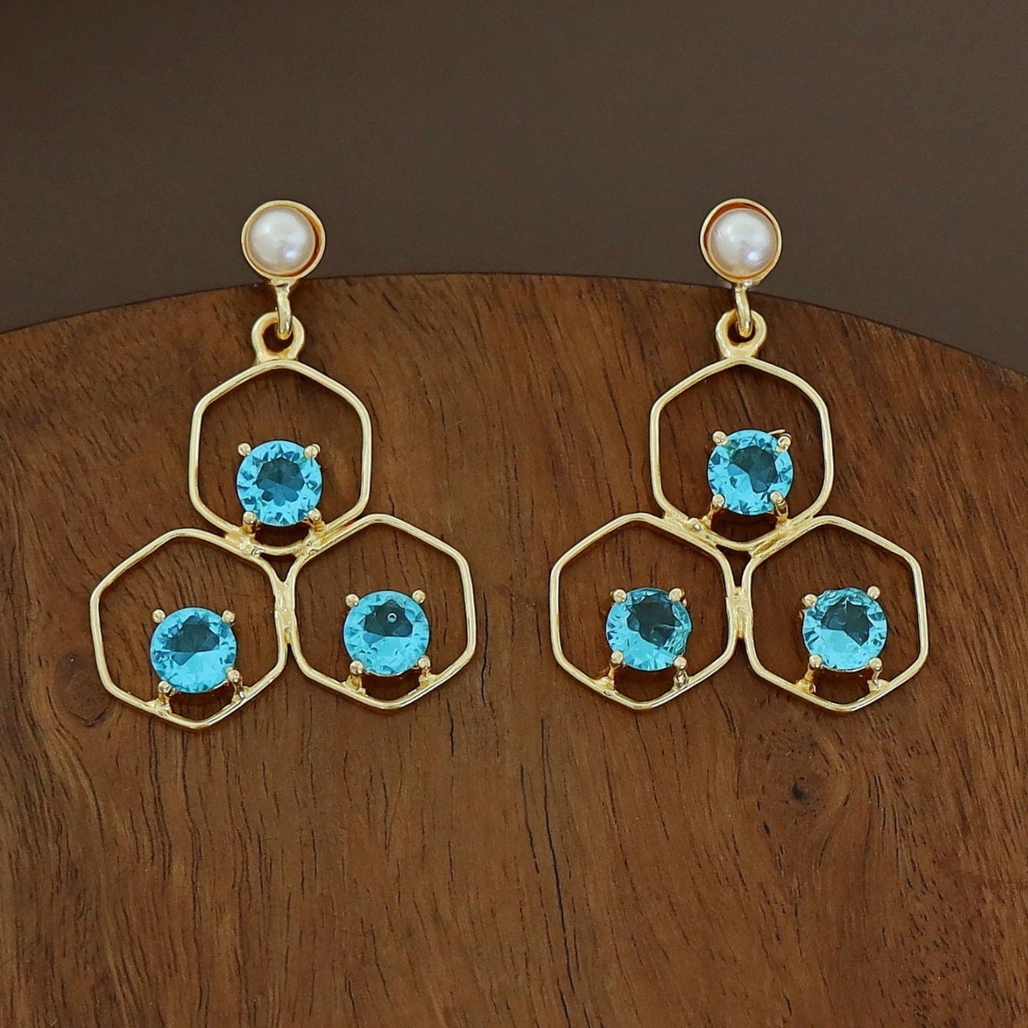 Tri Hexagon Pearl Earring