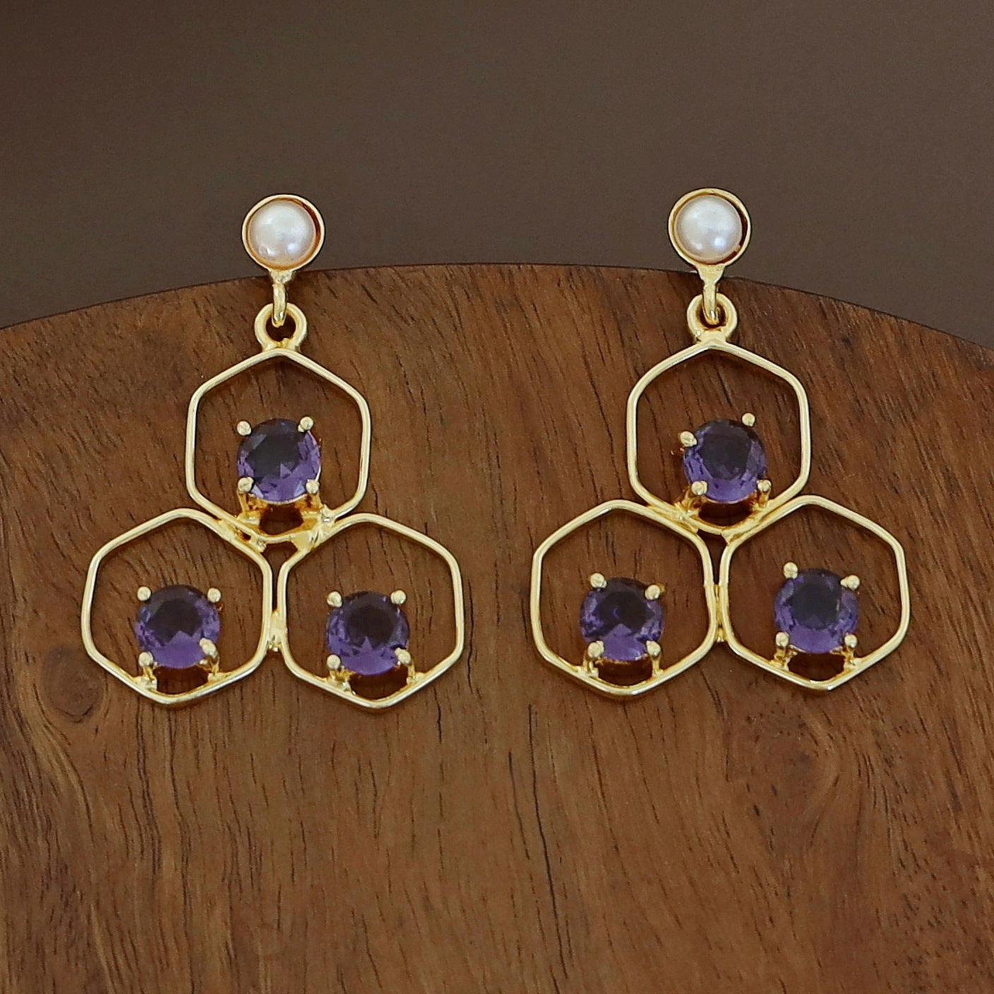 Tri Hexagon Pearl Earring