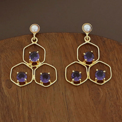 Tri Hexagon Pearl Earring