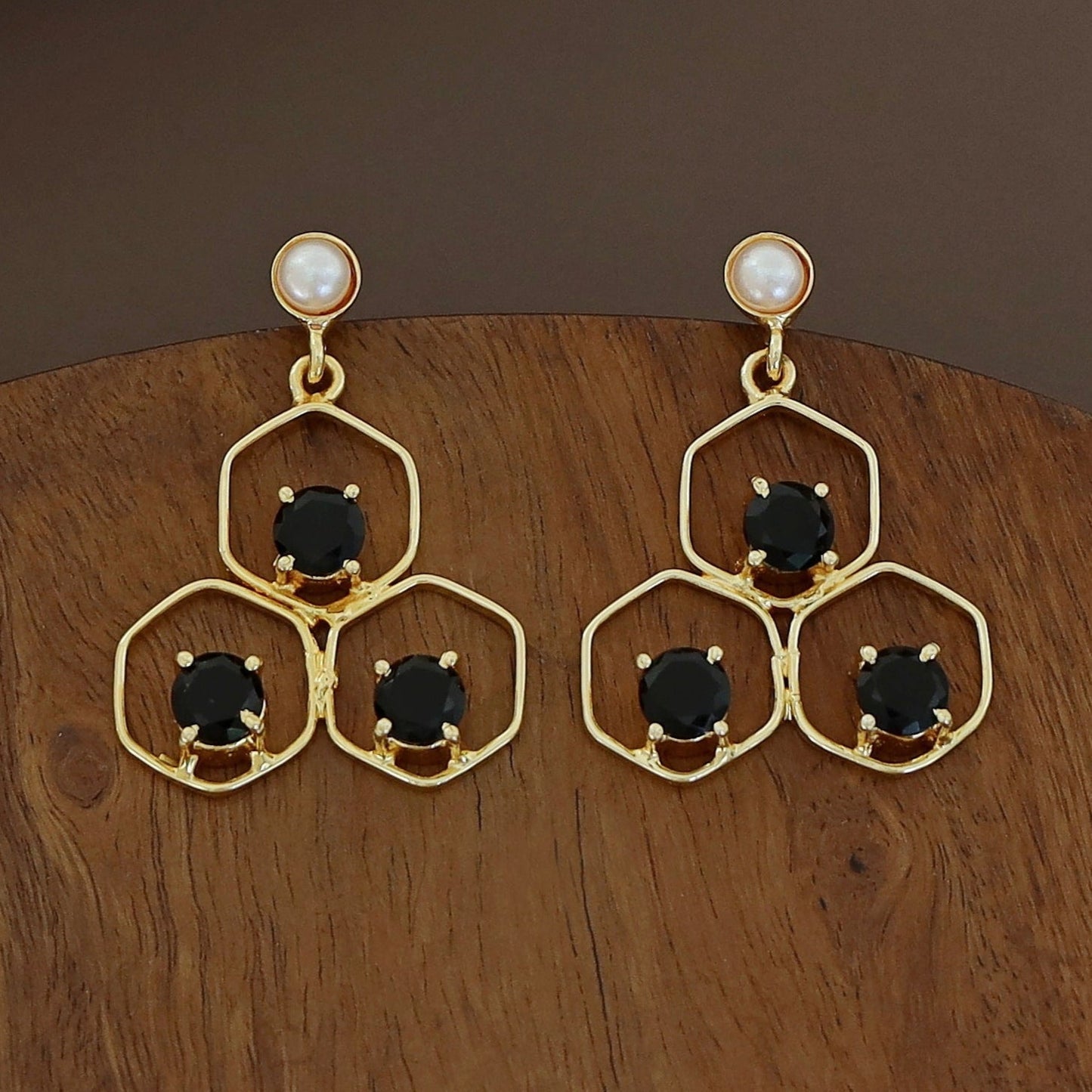 Tri Hexagon Pearl Earring