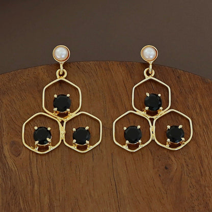 Tri Hexagon Pearl Earring