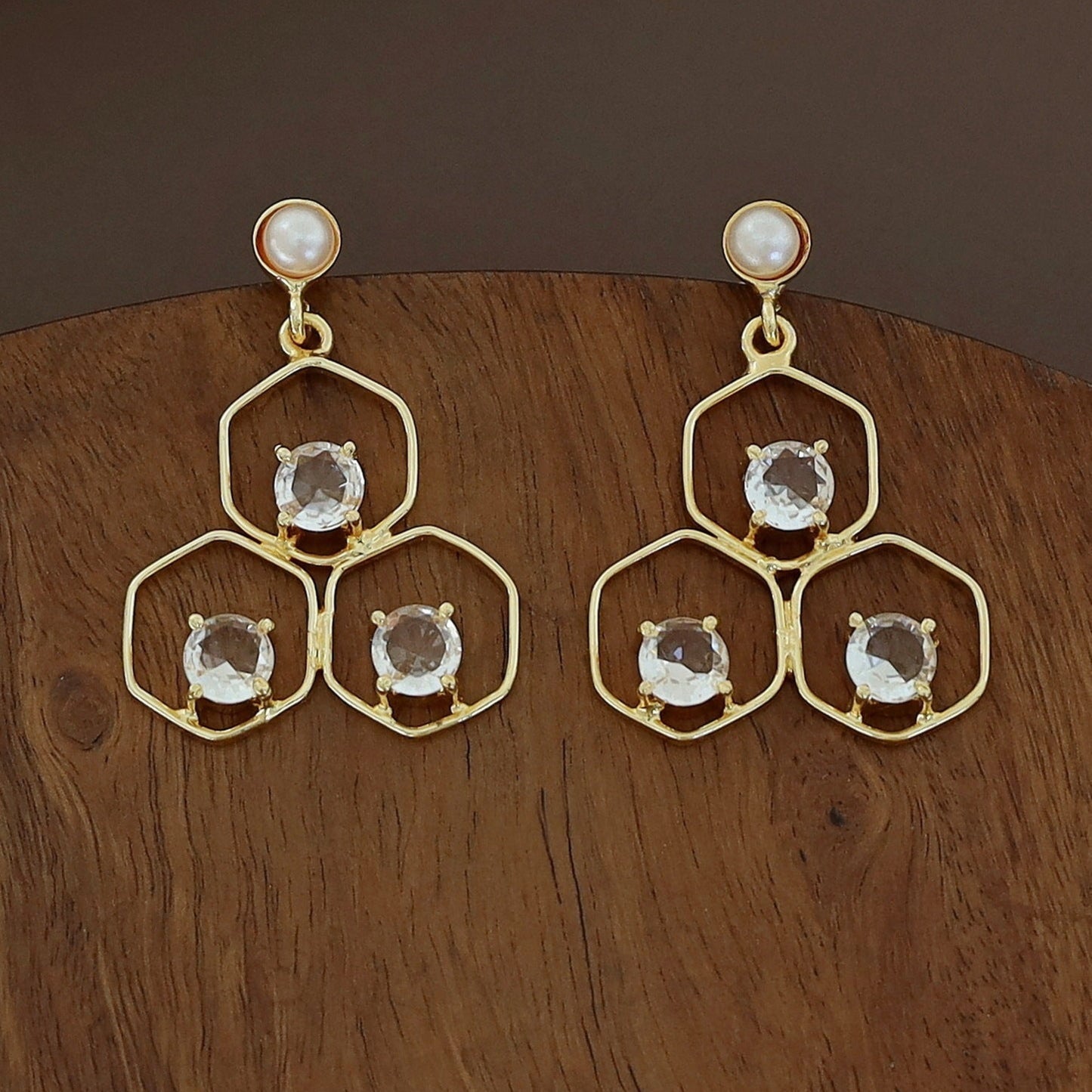 Tri Hexagon Pearl Earring