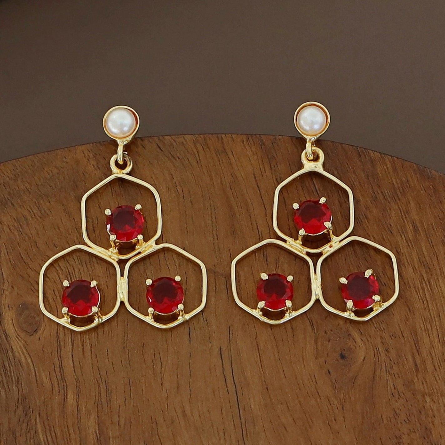 Tri Hexagon Pearl Earring