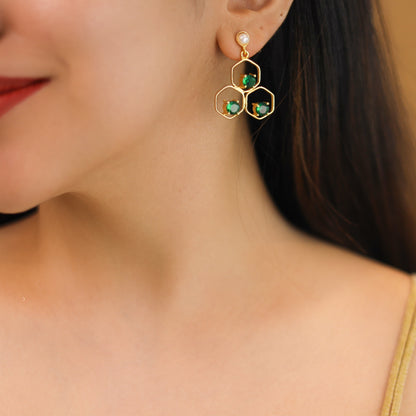 Tri Hexagon Pearl Earring